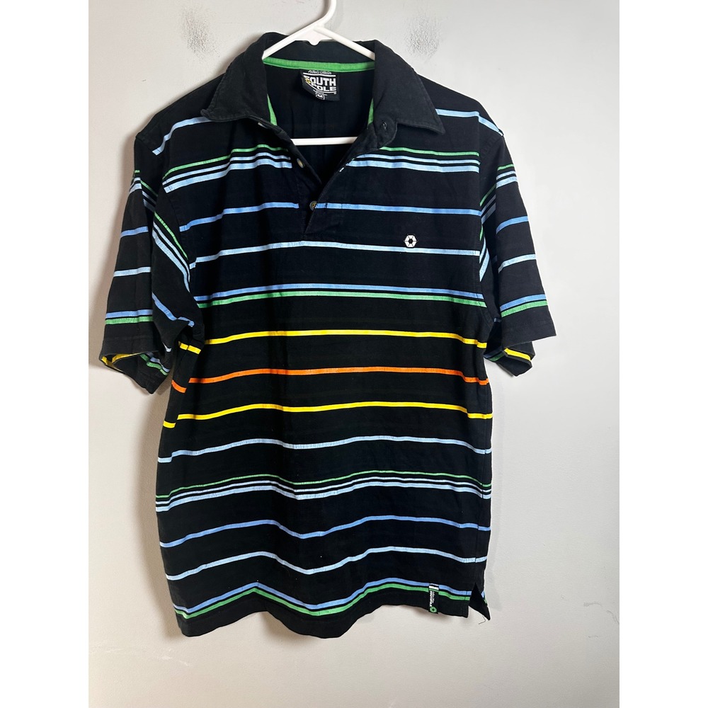 Southpole Mens Y2K Striped Polo‎ Shirt Black Multi Color Streetwear Size Medium